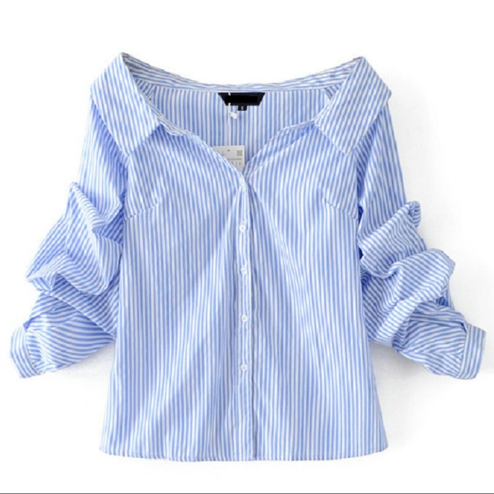 Striped, Off Shoulder Button Up Shirt - Picture 6 of 10